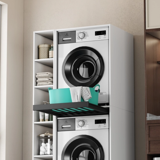 Szafka na pralkę i suszarkę z składana szufladą, BIAŁA + szafka boczna