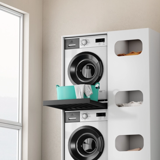 Szafka na pralkę i suszarkę z wysuwaną półką na pranie, BIAŁA + szafka boczna