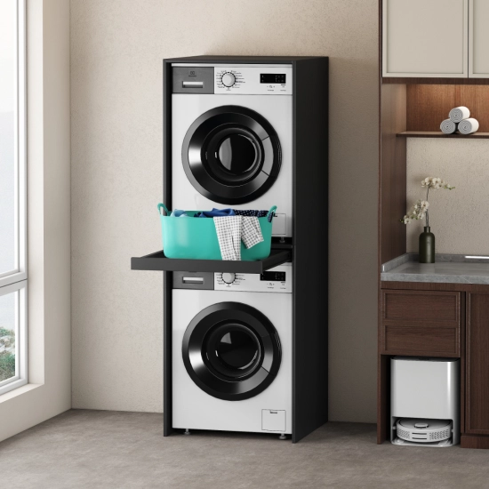 Szafka pod pralkę i suszarkę z wysuwaną półką, czarna