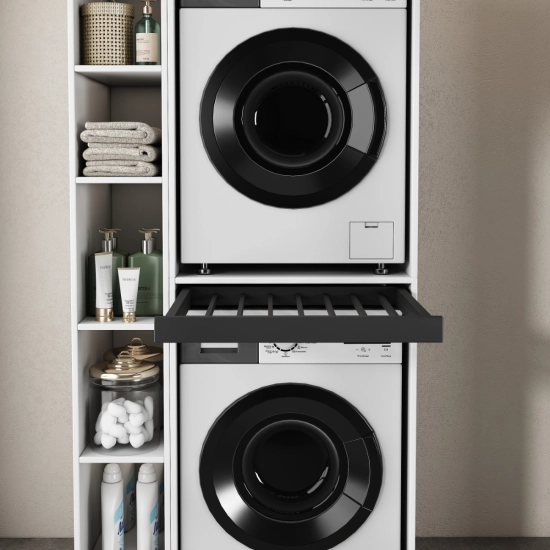 Szafka na pralkę i suszarkę z składana szufladą, BIAŁA + szafka boczna