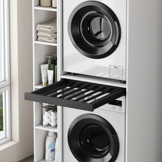 Szafka na pralkę i suszarkę z składana szufladą, BIAŁA + szafka boczna