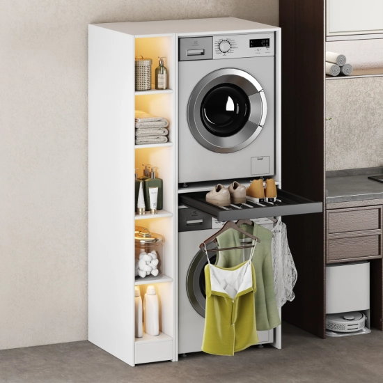 Szafka na pralkę i suszarkę z składana szufladą, BIAŁA + szafka boczna