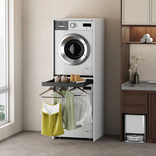 Szafka pod pralkę i suszarkę z wysuwaną półką, czarna